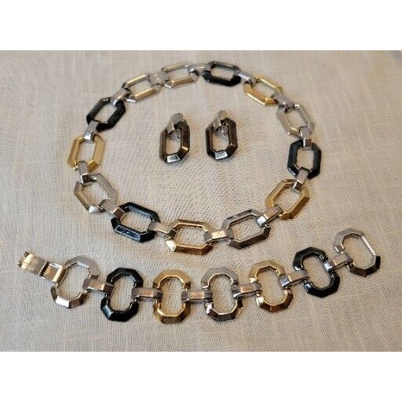 Retro Necklace Set Chunky Brutalist Chain Choker Bracelet Earring Tri Tone - Picture 7 of 12